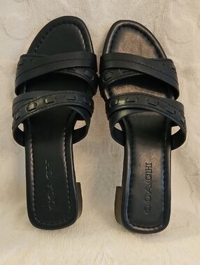 Coach Navy Leather Double-Strap Slide Mules